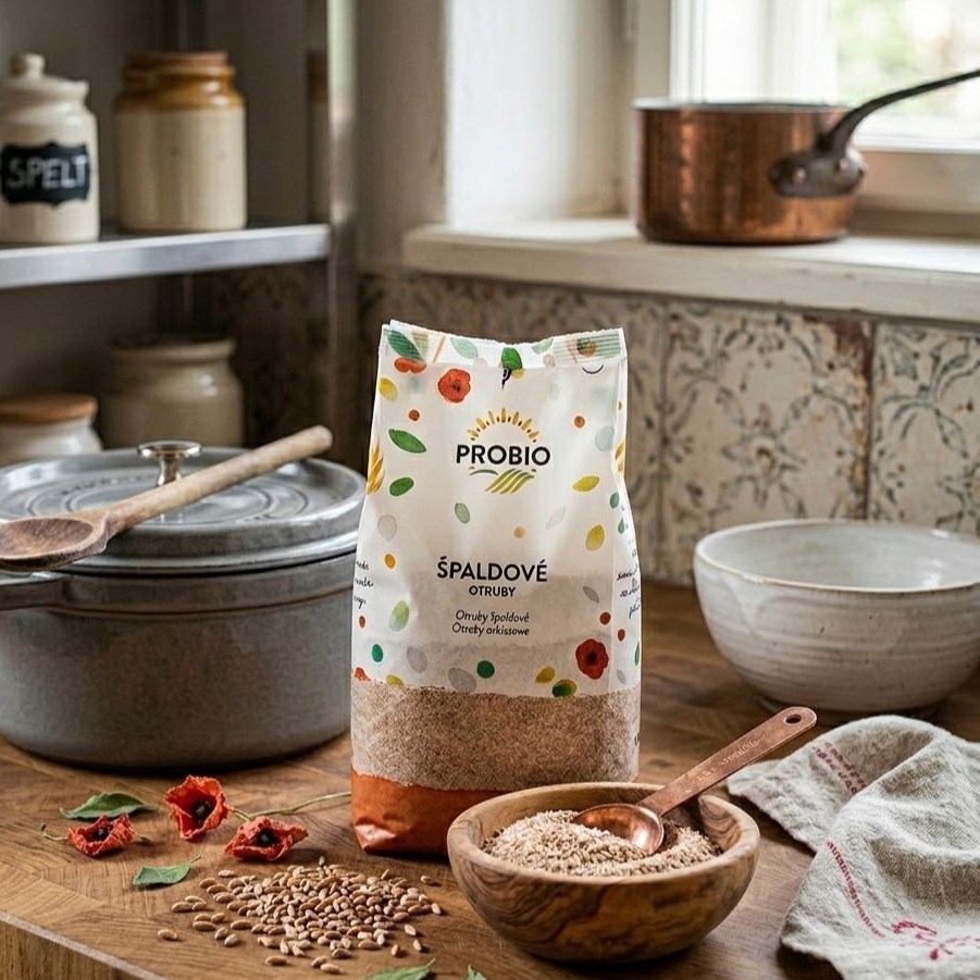 PROBIO Spelt Bran in a kitchen setting with a bowl of bran, wooden spoon and spelt grains.